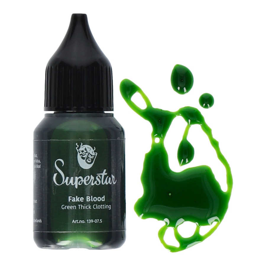 Superstar Nepbloed Groen Dik 20ml flesje met groene inhoud, verkrijgbaar bij SchminkenGrime.nl Groen dik stollend nepbloed van Superstar in 20ml flesje, perfect voor Halloween wonden