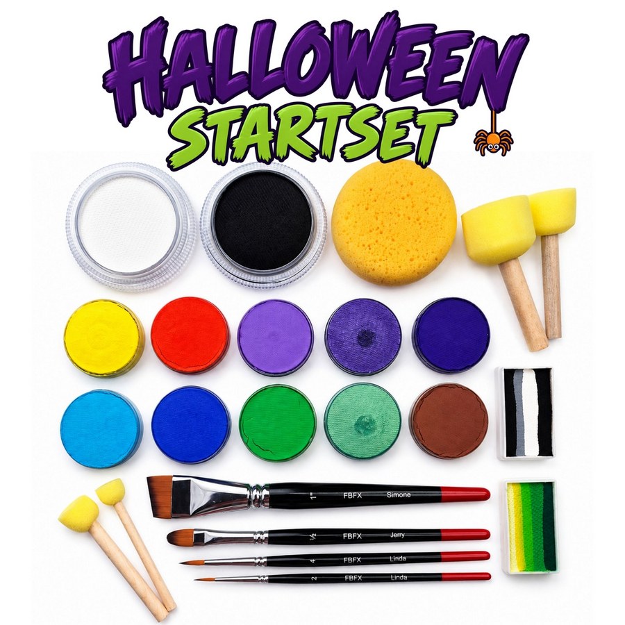 Halloween Face Paint Kit with face paint colours, splitcakes, brushes and sponges