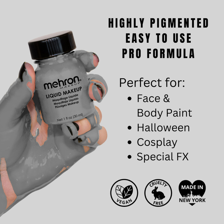 Mehron Liquid Makeup Monster Grey 135ml, info en toepassingen, verkrijgbaar bij SchminkenGrime.nl Informatieve afbeelding van Mehron Liquid Makeup Monster Grey (135ml), grijze vloeibare schmink voor monsters, zombies en SFX make-up, vegan en goed dekkend, verkrijgbaar bij SchminkenGrime.nl