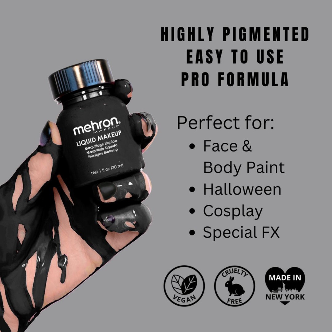 Mehron Liquid Makeup Black 135ml, info en toepassingen, verkrijgbaar bij SchminkenGrime.nl