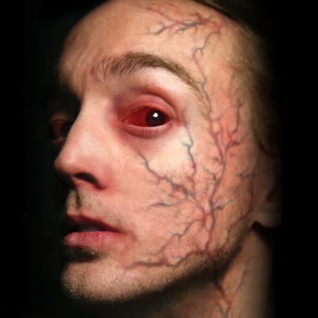 SFX make-up met aangebrachte Possessed Veins tattoo van Tinsley, verkrijgbaar bij SchminkenGrime.nl