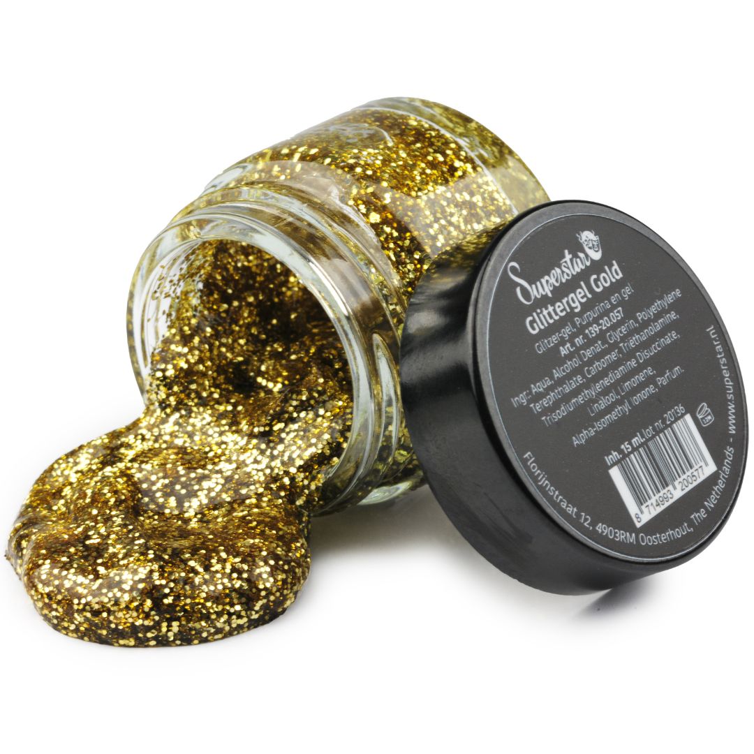 Superstar Glittergel Goud 15ml met klassieke gouden glitter, perfect voor feest- of avondlooks, verkrijgbaar bij SchminkenGrime.nl