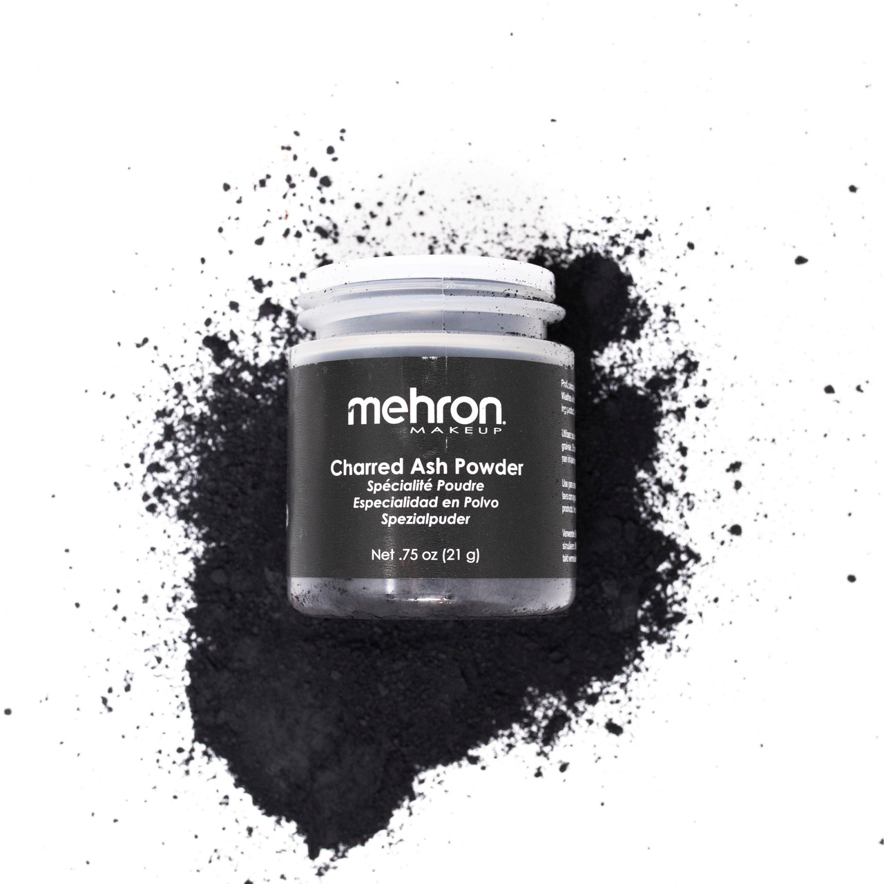 Mehron Specialty Powder Charred Ash 21gr, compacte verpakking voor asachtige effecten in SFX-make-up, verkrijgbaar bij SchminkenGrime.nl.