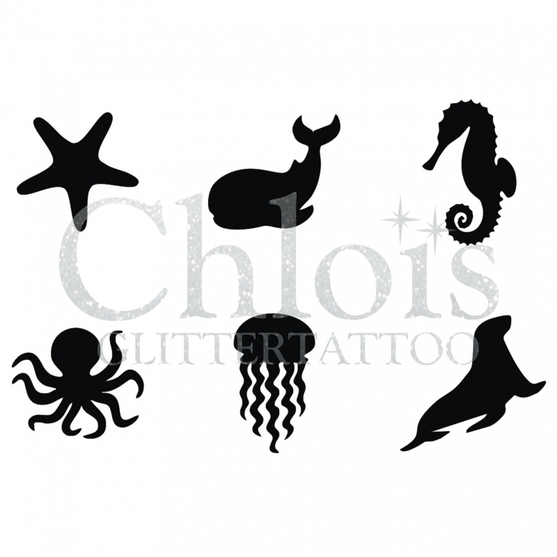 Chlois Glittertattoo Sjabloon Sea Life, set van 6 mini stencils met zeedierenontwerpen voor creatieve glittertattoos, verkrijgbaar bij SchminkenGrime.nl.