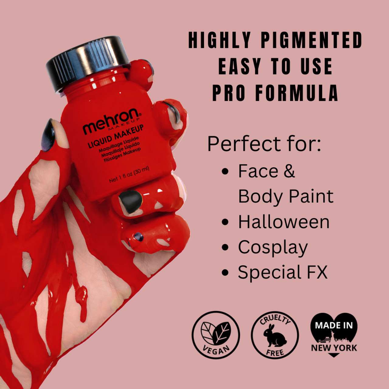 Mehron Liquid Makeup Red 135ml, info en toepassingen, verkrijgbaar bij SchminkenGrime.nl Informatieve afbeelding van Mehron Liquid Makeup Red (135ml), felrode vloeibare schmink met sterke dekking, ideaal voor facepaint, SFX en horror make-up, vegan en makkelijk afwasbaar, verkrijgbaar bij SchminkenGrime.nl