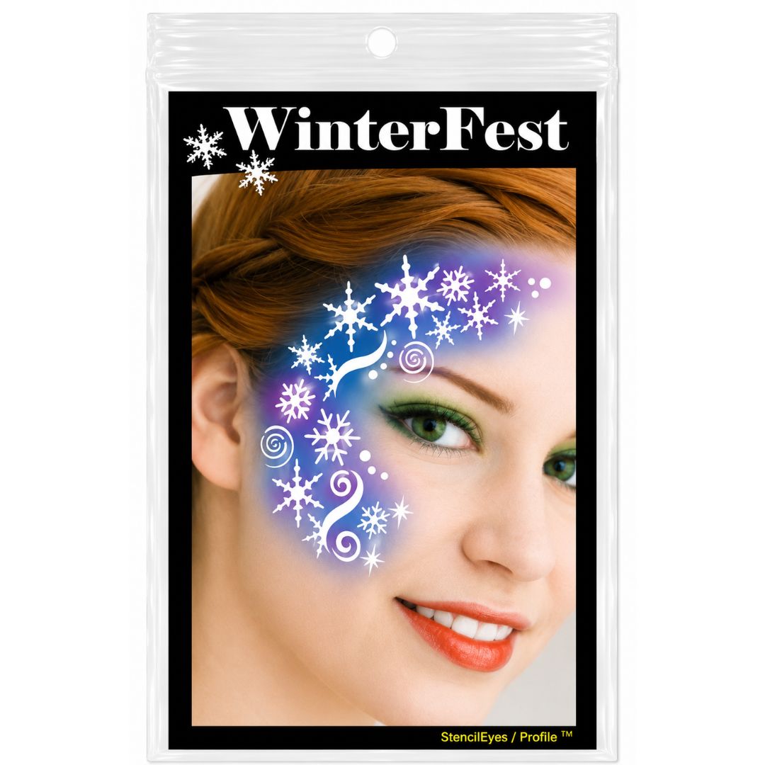 ProAiir Profile Stencil Winterfest met een sierlijk winters ontwerp vol sneeuwvlokken en sterren, ideaal voor feestelijke schminklooks, verkrijgbaar bij SchminkenGrime.nl