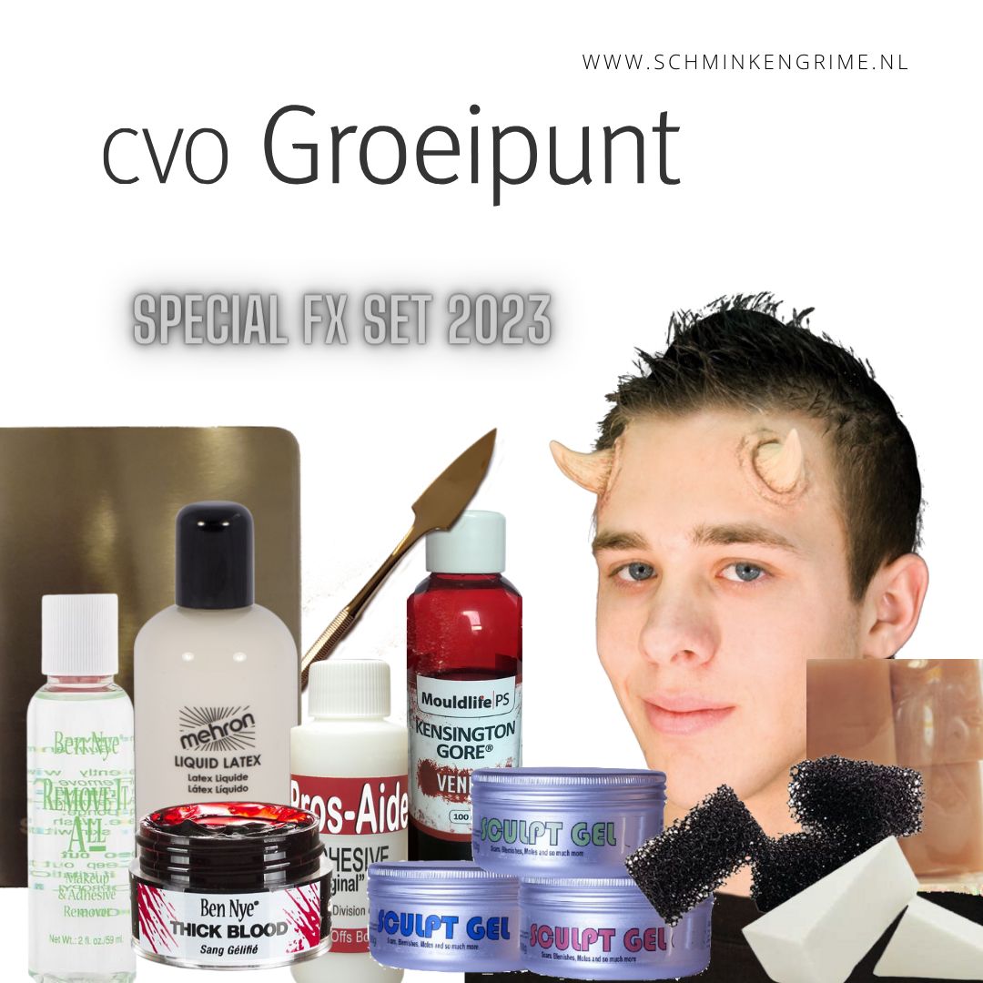 Special effects make-up starterset samengesteld voor Groeipunt in 2023, met essentials voor grime en SFX-onderwijs, verkrijgbaar bij SchminkenGrime.nl