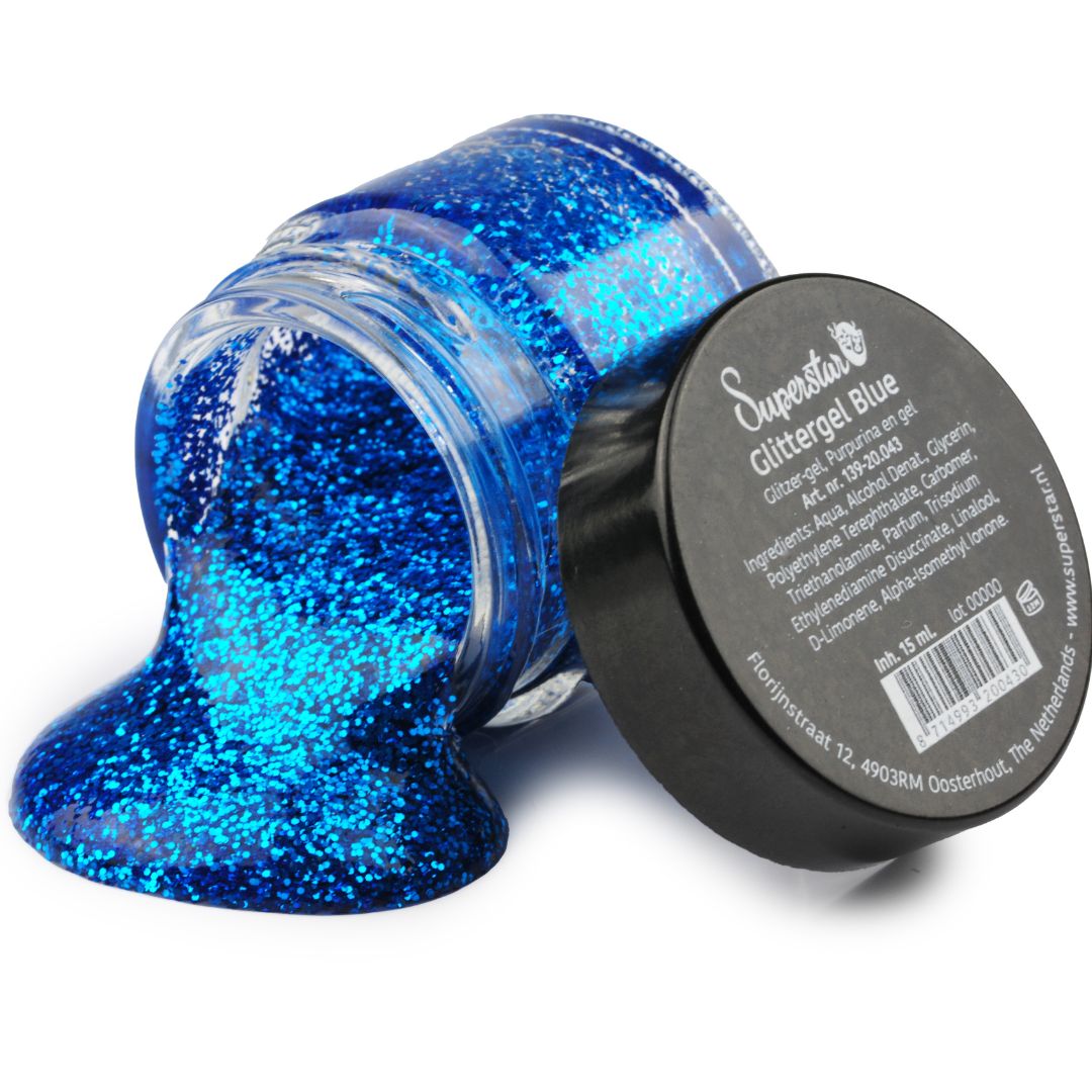 Superstar Glittergel Blauw 15ml met rijke blauwe glitter, geschikt voor opvallende make-up, verkrijgbaar bij SchminkenGrime.nl