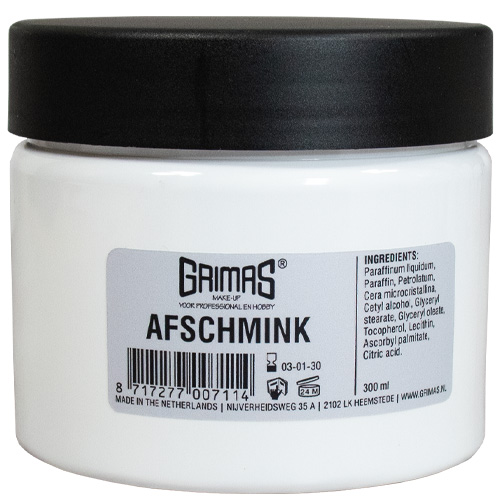 Grimas Afschmink 300ml – Klassieke reiniger – SchminkenGrime.nl Grimas Afschmink 300ml pot, traditionele reiniger op oliebasis, verkrijgbaar bij SchminkenGrime.nl