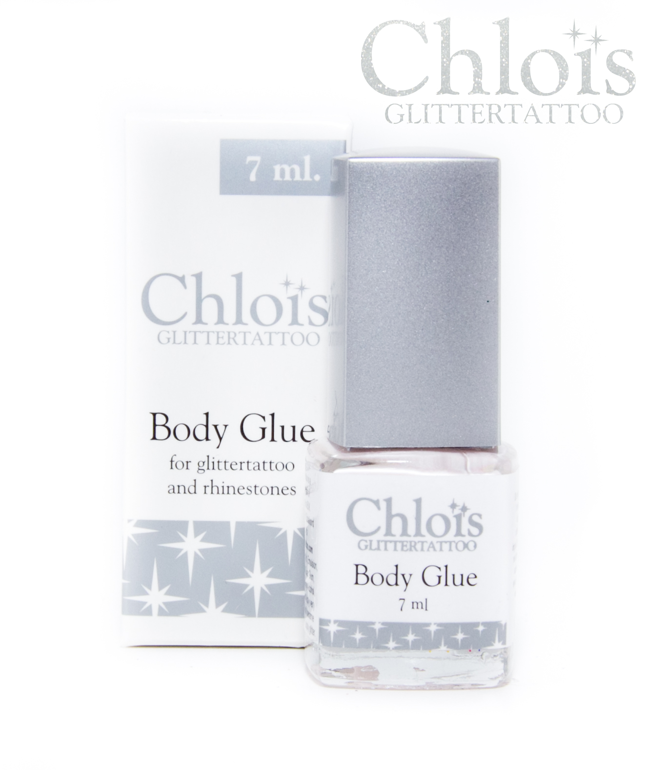 Chlois Body Glue 7ml, sterke lichaamslijm voor het bevestigen van glitter, strass en andere schminkaccessoires, verkrijgbaar bij SchminkenGrime.nl.