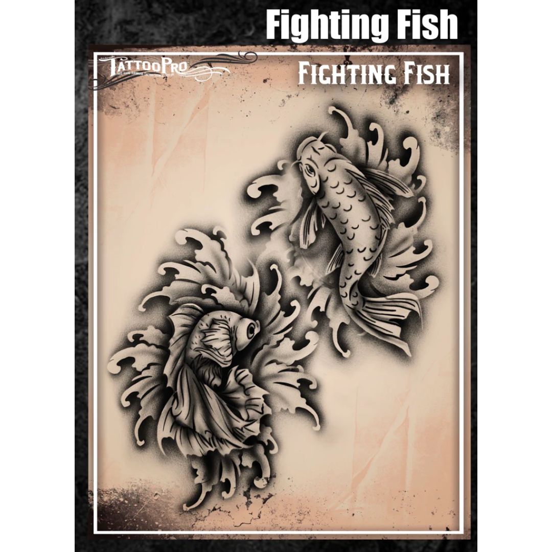 Wiser’s TattooPro airbrush stencil met sierlijke vechtvissen, ideaal voor tijdelijke tattoos met een elegant of oosters thema, verkrijgbaar bij SchminkenGrime.nl