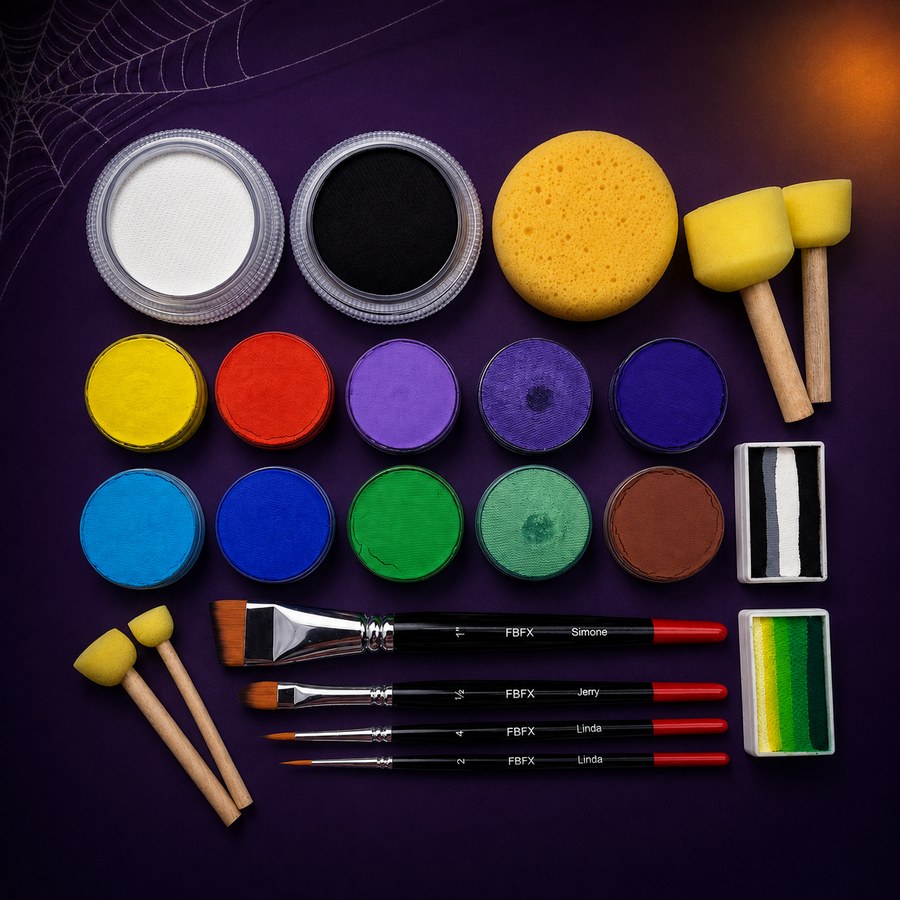 Halloween Schmink Startset met schminkkleuren, splitcakes, penselen en sponzen van SchminkenGrime.nl