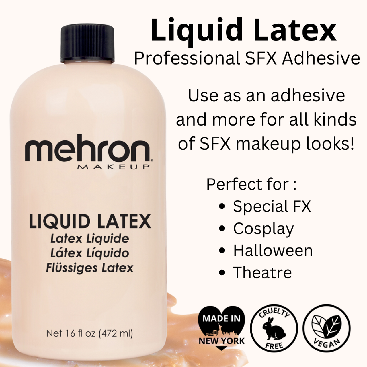 Mehron Liquid Latex Light Flesh 472ml voor professioneel gebruik – SchminkenGrime.nl Professionele latex in 472ml formaat, Mehron Light Flesh, verkrijgbaar bij SchminkenGrime.nl