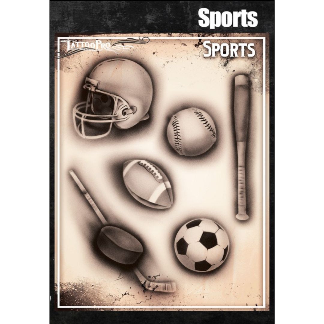 Wiser’s TattooPro airbrush stencil met sportthema, met iconen zoals een basketbal, honkbal, voetbal en sportattributen, geschikt voor snelle tijdelijke tattoos, verkrijgbaar bij SchminkenGrime.nl