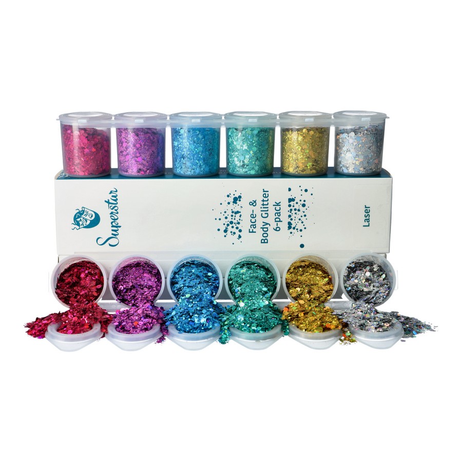 Superstar Chunky Glitter Mix 6-pack Laser met glitters voor huid en haar in zilver, goud, turquoise, blauw, paars en roze, verkrijgbaar bij SchminkenGrime.nl
