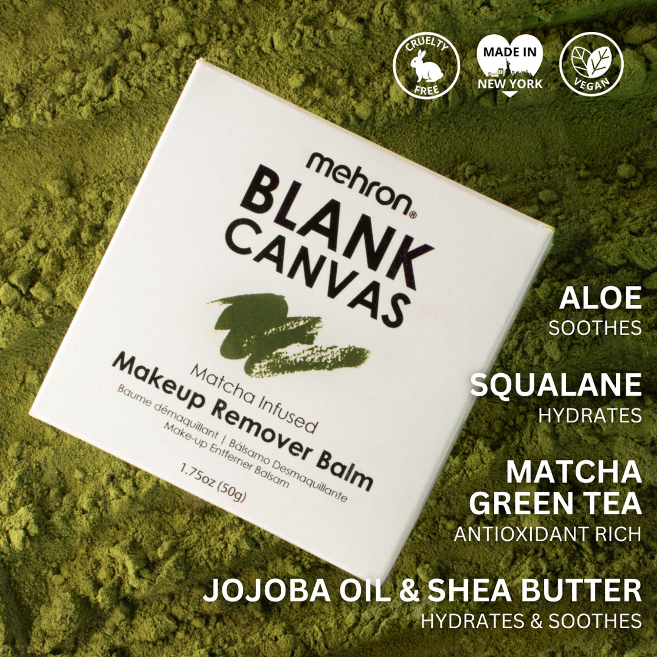 Blank Canvas Makeup Remover Balm – met Matcha, Aloë, Squalane en Sheaboter Verpakking van de Mehron Makeup Remover Balm op matchapoeder met info over de verzorgende ingrediënten.