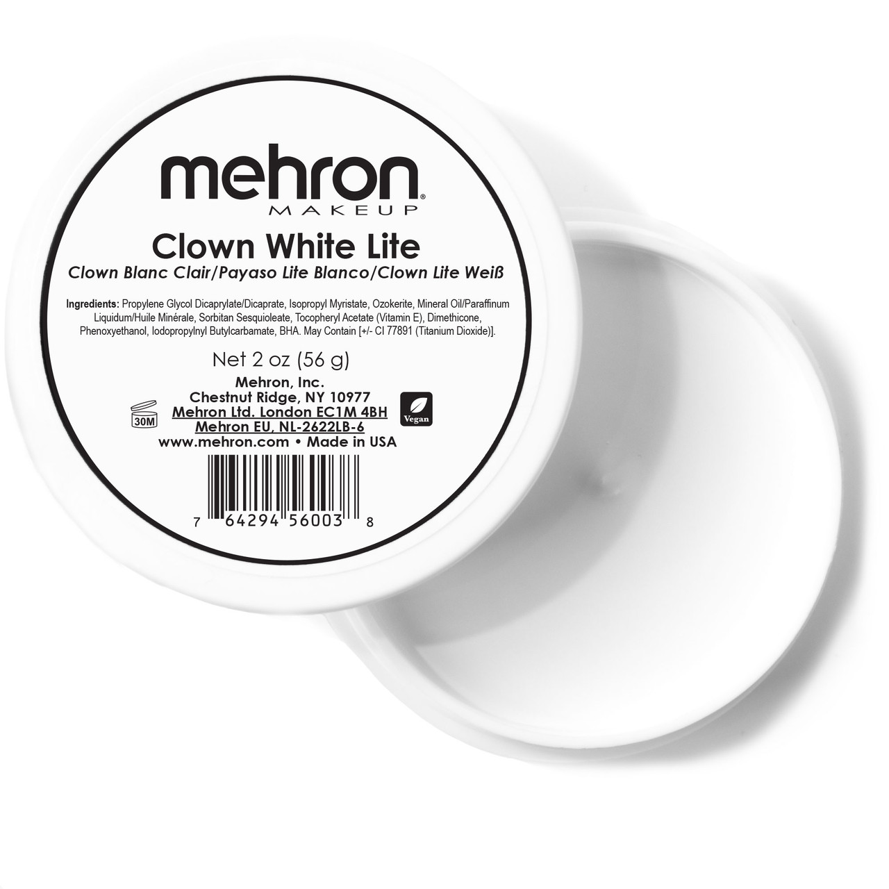 Mehron Clown White Lite Mehron Clown White Lite, professionele schmink met lichte textuur voor een gladde en langdurige witte basis, verkrijgbaar bij SchminkenGrime.nl.