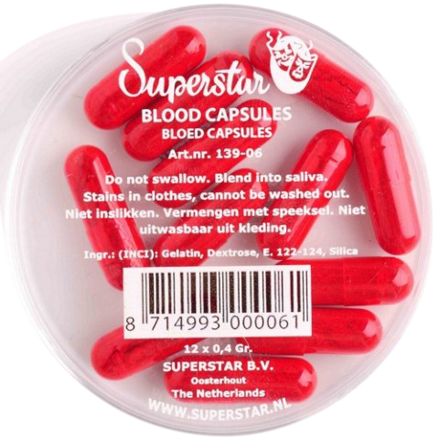 Superstar Bloedcapsules, set van 12 stuks, ideaal voor realistische bloedeffecten in special effects make-up, verkrijgbaar bij SchminkenGrime.nl.