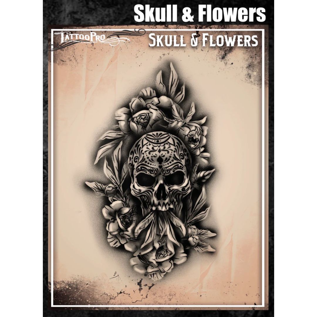 Wiser’s TattooPro airbrush stencil met een combinatie van schedels en bloemen, perfect voor tijdelijke tattoos met een stoere én sierlijke uitstraling, verkrijgbaar bij SchminkenGrime.nl