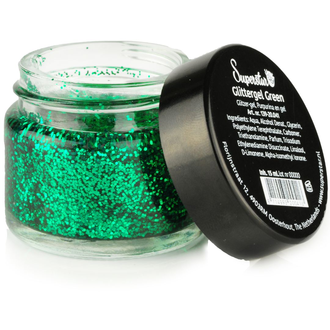 superstar glittergel groen 15ml, groene glittergel voor frisse en natuurlijke looks, verkrijgbaar bij SchminkenGrime.nl Superstar Glittergel Groen 15ml met frisse groene glitter, perfect voor natuurlijke of sprookjesachtige thema’s, verkrijgbaar bij SchminkenGrime.nl