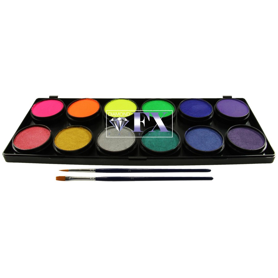 Neon metallic schminkpalette van Diamond FX met felle kleuren voor creatieve en opvallende ontwerpen, verkrijgbaar bij SchminkenGrime.nl