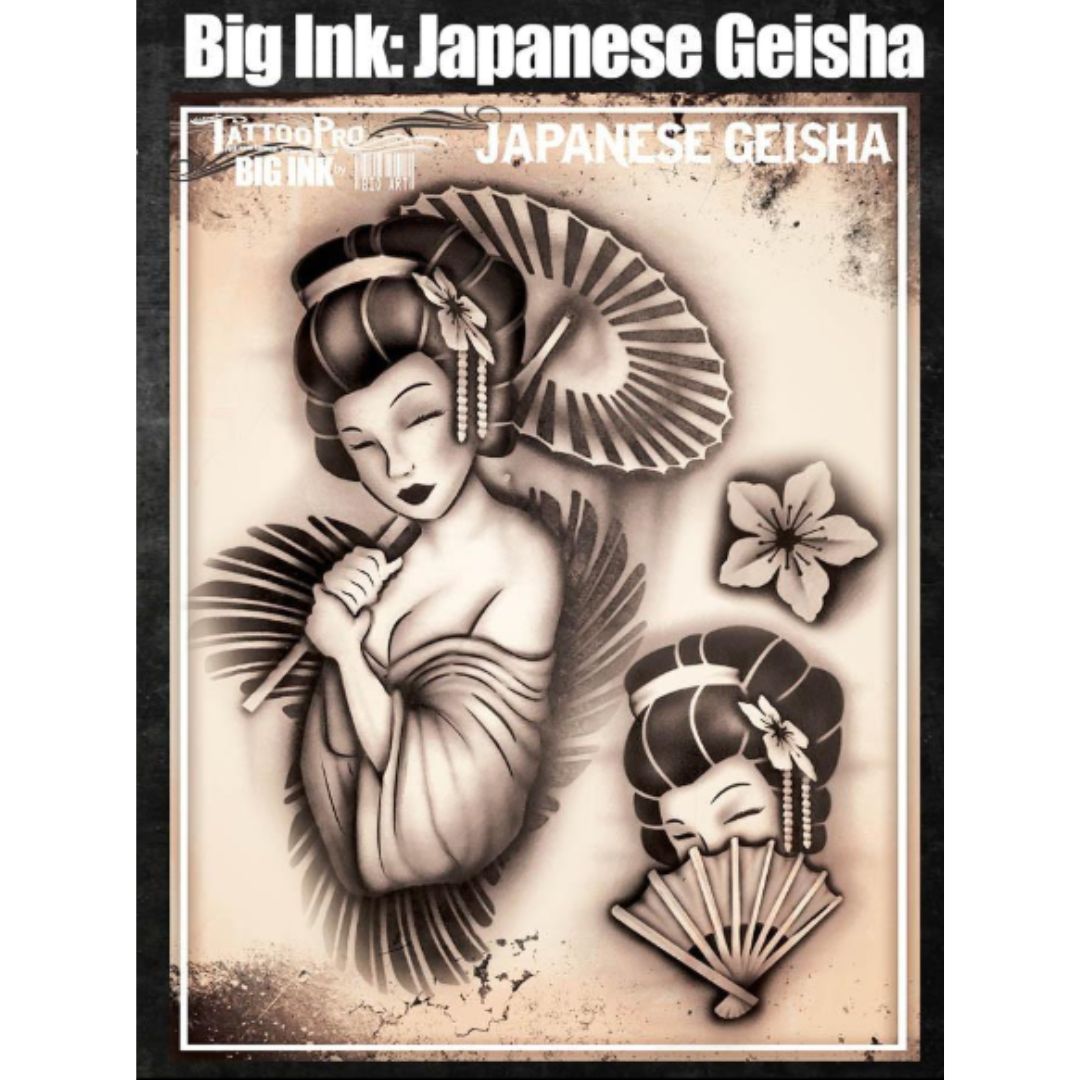 Gedetailleerd design van de Wiser Tattoo Pro Stencil Japanese Geisha, voor realistische airbrush tattoos, verkrijgbaar bij SchminkenGrime.nl