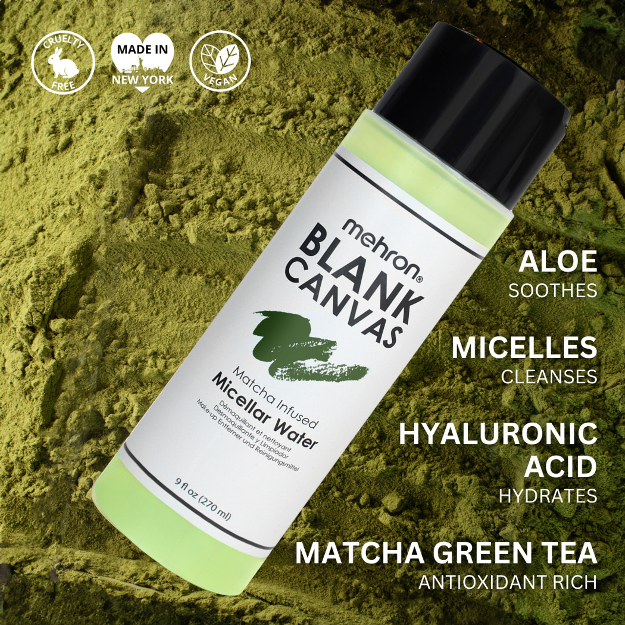 Verfrissend micellair water met natuurlijke ingrediënten – Mehron Blank Canvas Mehron Blank Canvas Micellar Water met verzorgende ingrediënten zoals Matcha, Aloë Vera en Hyaluronzuur