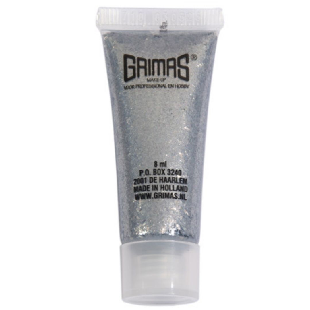 Grimas Shimmer Gel Zilver 8 ml kopen bij SchminkenGrime.nl, metallic zilveren glans voor make-up.