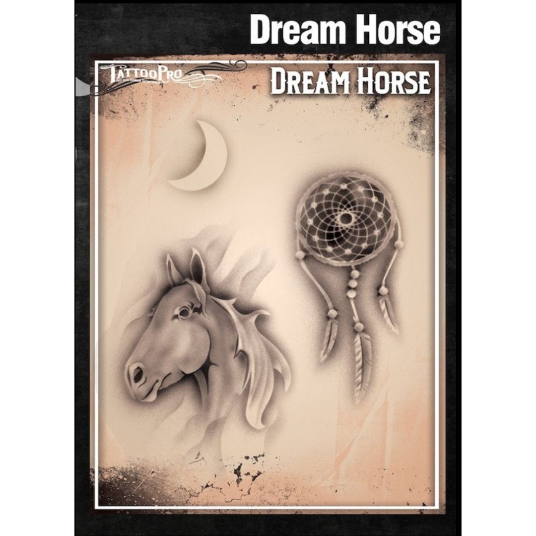 TattooPro Stencil Dream Horse van Wiser, airbrush sjabloon met paard en dromenvanger, verkrijgbaar bij SchminkenGrime.nl