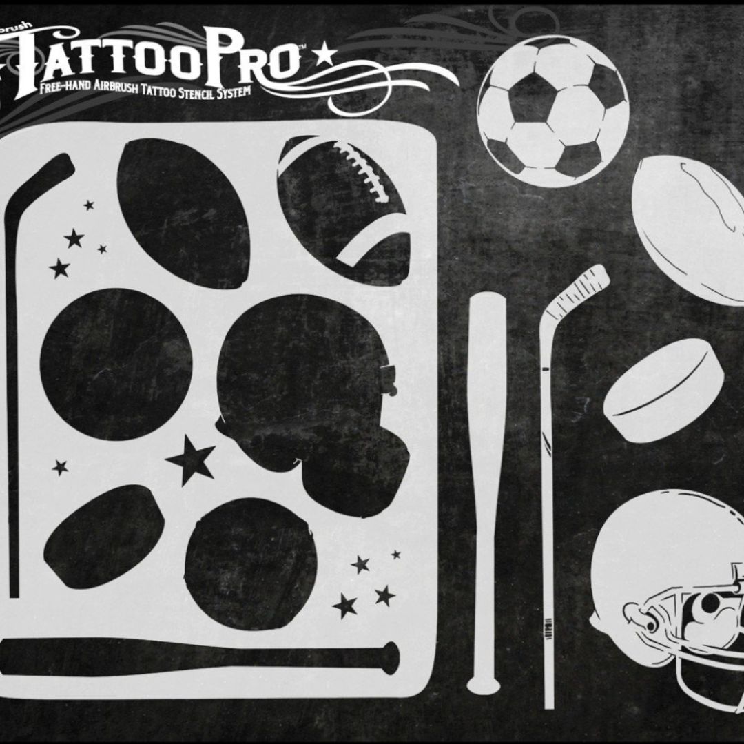 TattooPro Sports stencil van Wiser’s, airbrush stencil met sportontwerpen, verkrijgbaar bij SchminkenGrime.nl TattooPro stencil van Wiser’s met sportontwerpen, ontworpen voor gebruik met airbrush, bevat meerdere herkenbare sportelementen, verkrijgbaar bij SchminkenGrime.nl