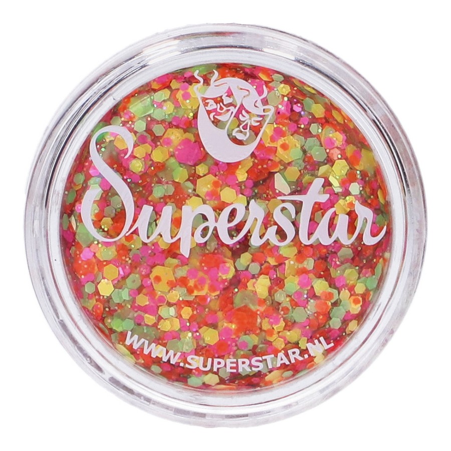 Superstar Chunky Glitter Cream Fluor Fantasy detail of bright glitters, available at SchminkenGrime.nl