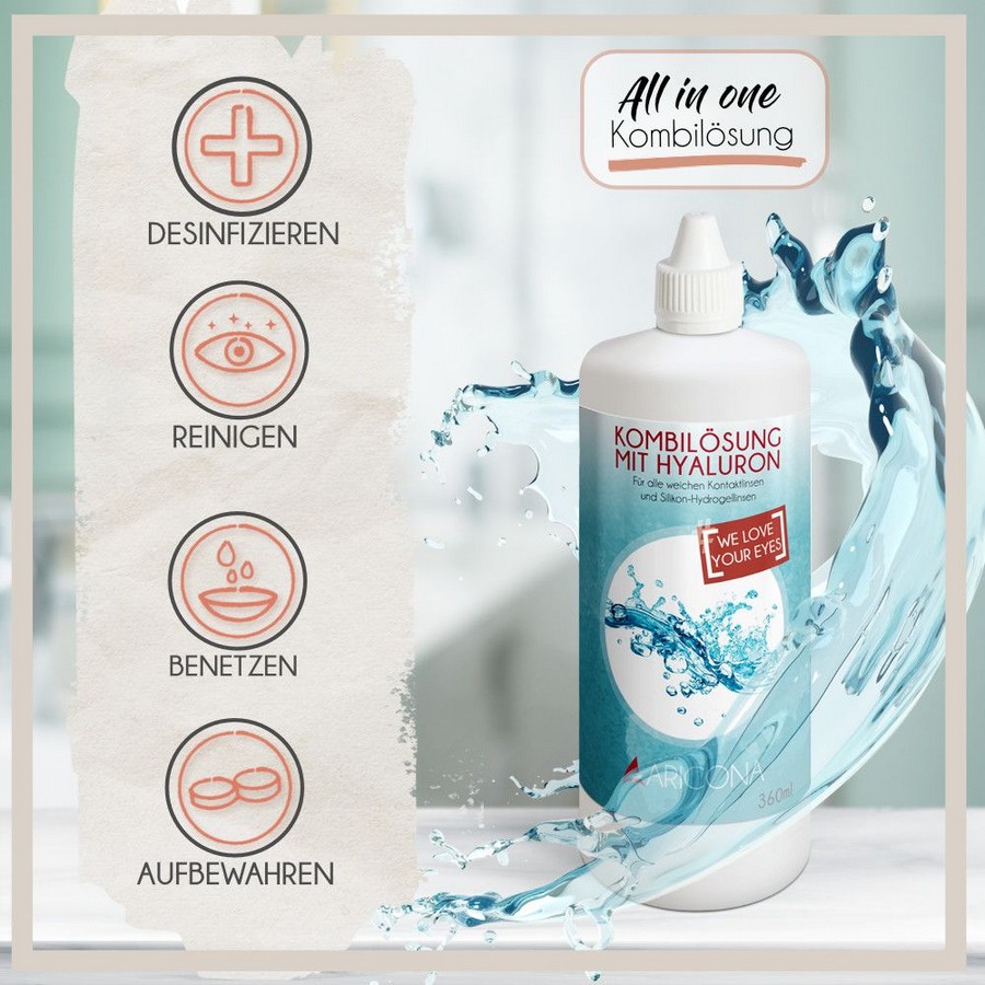 Aricona Hyaluron Care Solution 360 ml lenzenvloeistof voor dagelijkse verzorging van kleurlenzen, verkrijgbaar bij SchminkenGrime.nl