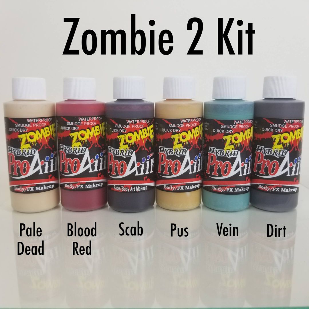 ProAiir Hybrid Zombie Pack 2 – 6 kleuren airbrush make-up, verkrijgbaar bij SchminkenGrime.nl ProAiir Hybrid Zombie Pack 2 met zes flesjes airbrush make-up van 30ml in gruwelijke zombietinten, ideaal voor SFX en grime, verkrijgbaar bij SchminkenGrime.nl