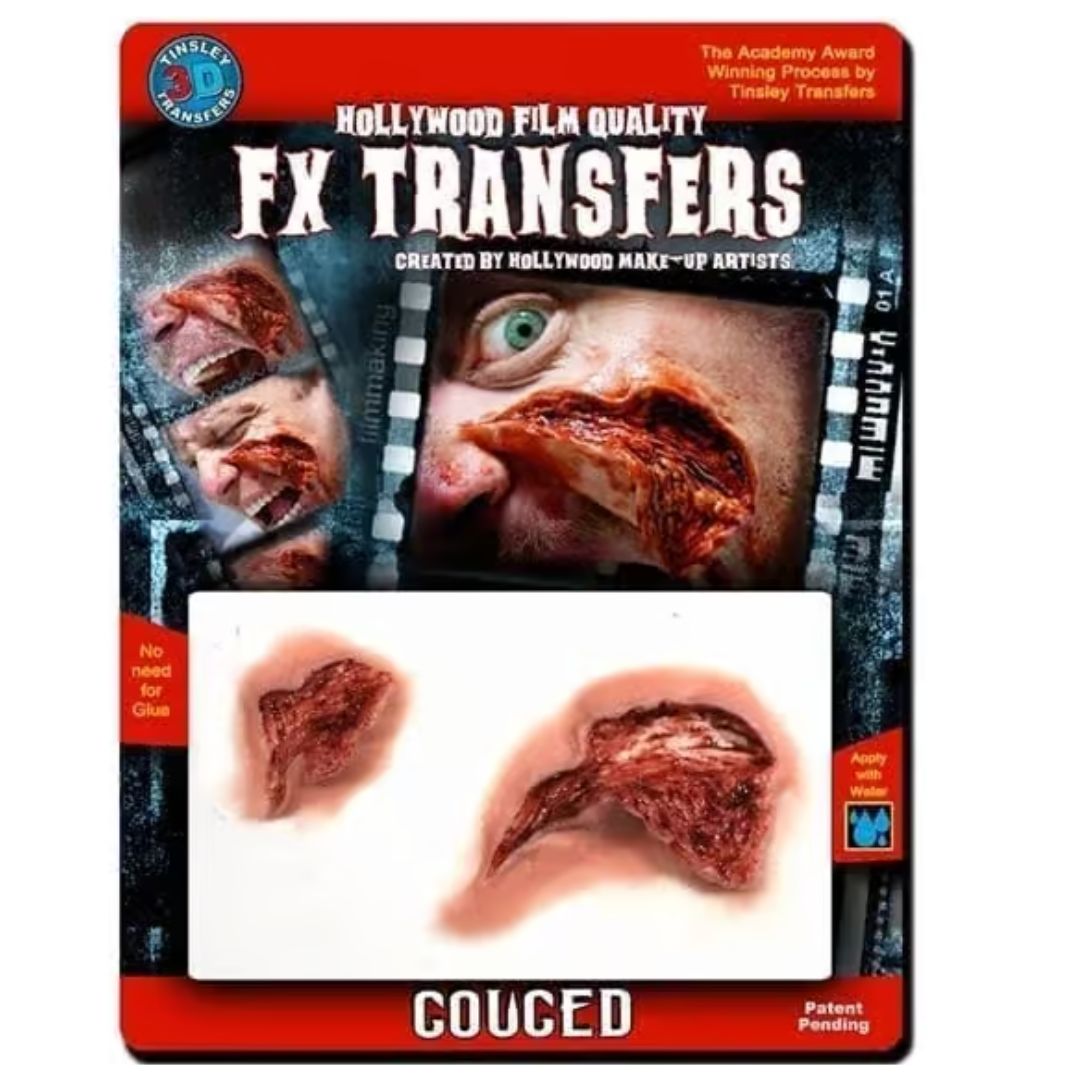 Tinsley Transfers Gouged 3D FX Transfer verpakking, verkrijgbaar bij SchminkenGrime.nl Verpakking van Tinsley Transfers Gouged 3D FX Transfer met inhoud zichtbaar, verkrijgbaar bij SchminkenGrime.nl