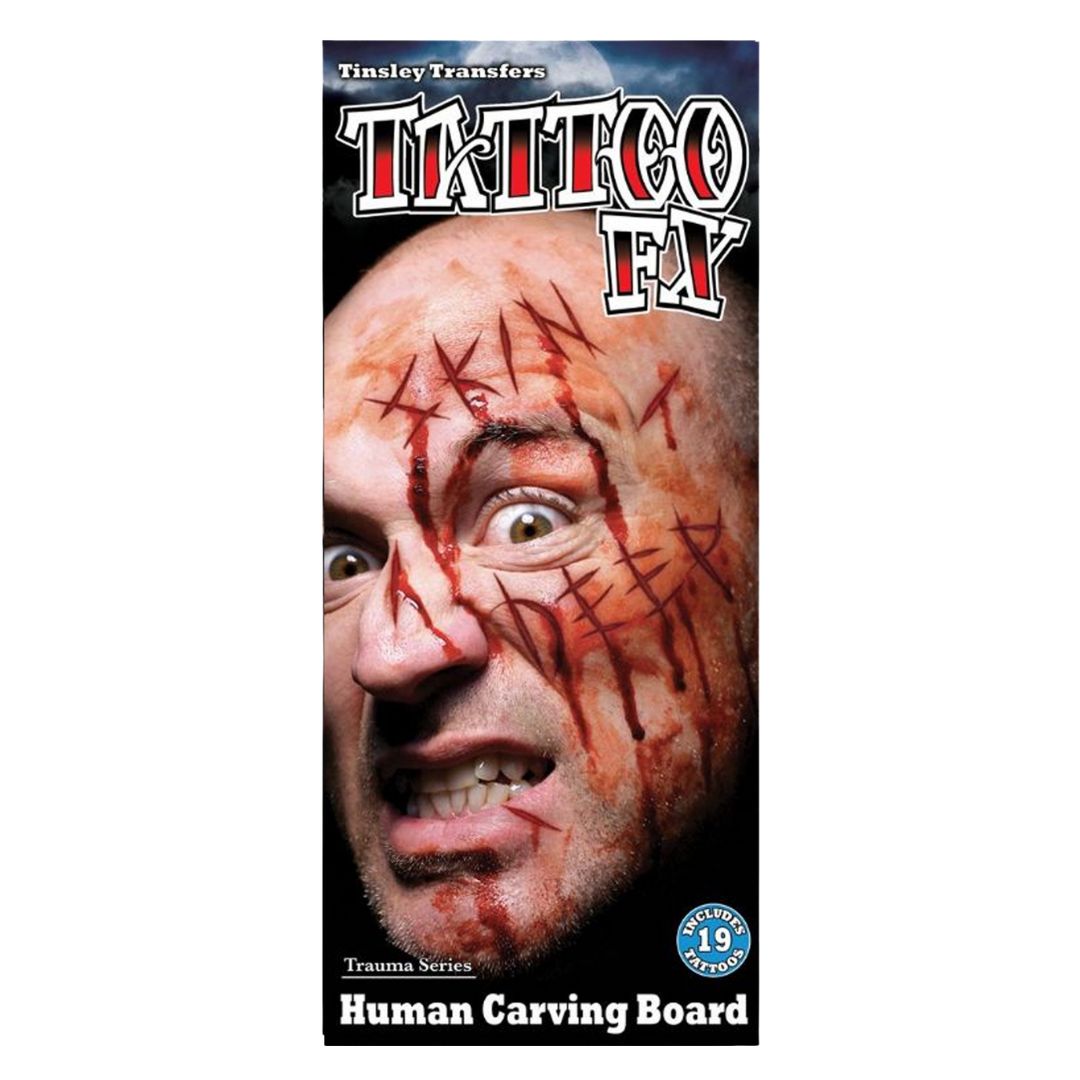 Tinsley Transfers Carving Board Trauma Tattoo met snedes en teksten | SchminkenGrime.nl Realistische snedes en woorden op arm met Tinsley Carving Board Trauma Tattoo, verkrijgbaar bij SchminkenGrime.nl