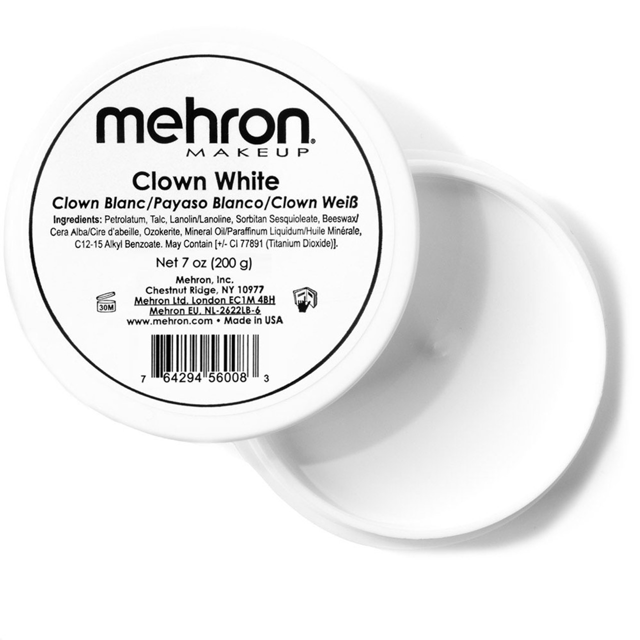 Mehron Clown White (200gr) – witte vetschmink met volle dekking en gladde textuur, verkrijgbaar bij SchminkenGrime.nl