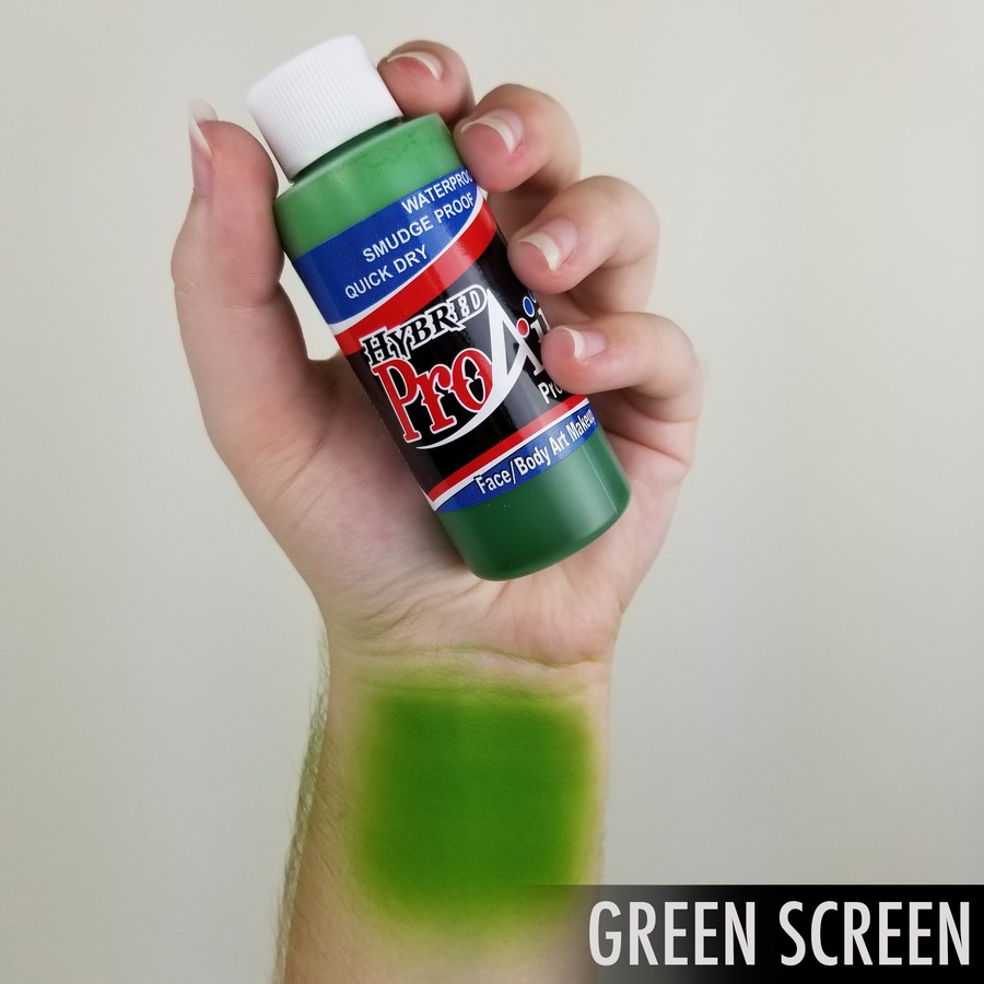 ProAiir Hybrid Green Screen arm swatch toont helder chromakey groen voor film en video, airbrush schmink op alcoholbasis, verkrijgbaar bij SchminkenGrime.nl