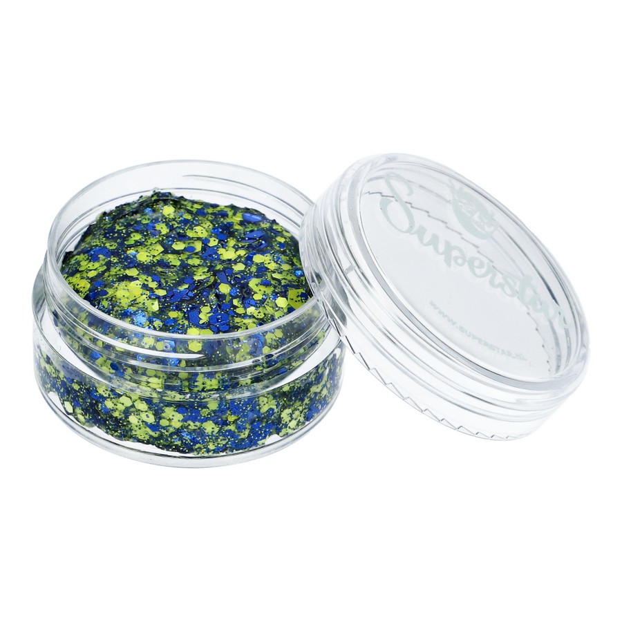 Superstar Chunky Glitter Cream Blue Yellow met blauwe en gele glitters, verkrijgbaar bij SchminkenGrime.nl