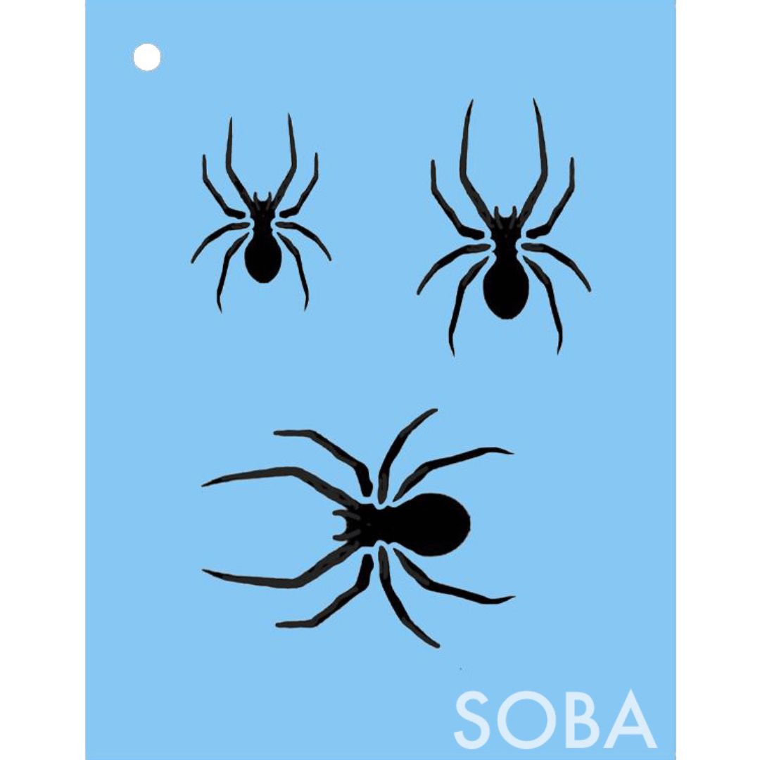 ProAiir QuickEZ Stencil Long Spiders – spinsjabloon voor schmink, verkrijgbaar bij SchminkenGrime.nl ProAiir QuickEZ Long Spiders schminksjabloon met lange spinnen, ideaal voor snelle airbrush of sponge effecten bij Halloween- en horrorlooks, verkrijgbaar bij SchminkenGrime.nl
