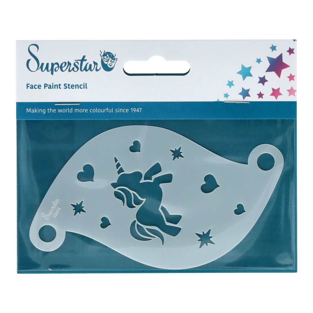 Superstar schminksjabloon Charming Unicorn met vliegende eenhoorn, hartjes en sterren, verkrijgbaar bij SchminkenGrime.nl