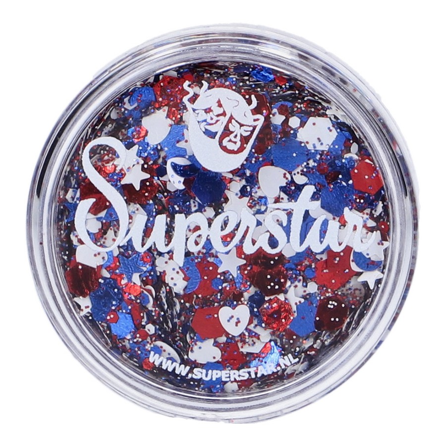 Superstar Chunky Glitter Cream Red White Blue detail van glittermix, verkrijgbaar bij SchminkenGrime.nl