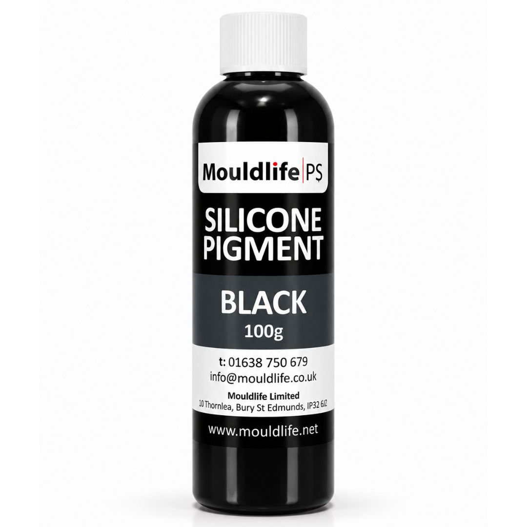 Mouldlife Silicone Pigment Zwart 100 gram, hoog geconcentreerd siliconenpigment waarvan één druppel volstaat om silicone zoals Platsil te kleuren, voor SFX-prothesen verkrijgbaar bij SchminkenGrime.nl