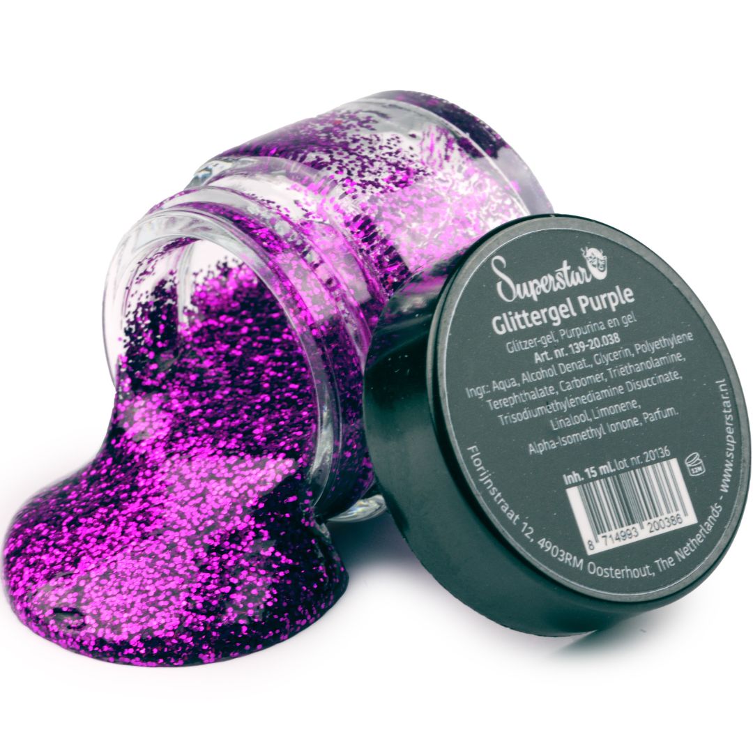 Superstar Glittergel Paars 15ml met diepe kleur en glans, ideaal voor opvallende schminkontwerpen, verkrijgbaar bij SchminkenGrime.nl