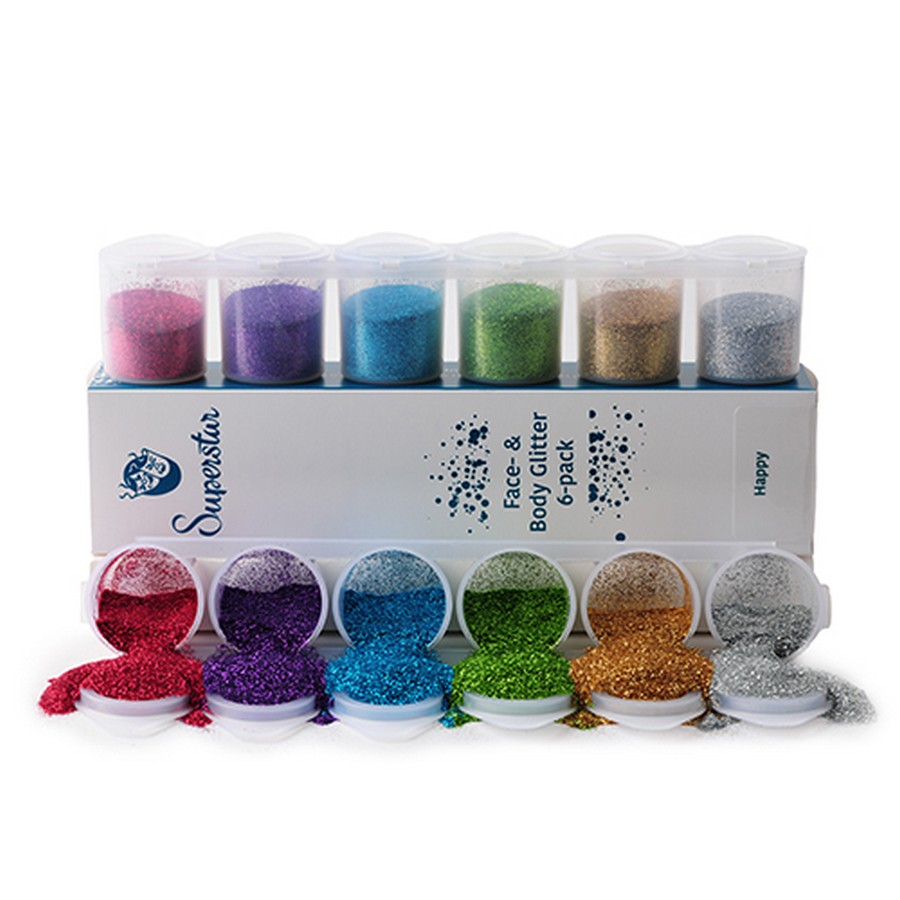Superstar Fine Glitter Sixpack Happy met 6 kleuren, verkrijgbaar bij SchminkenGrime.nl
