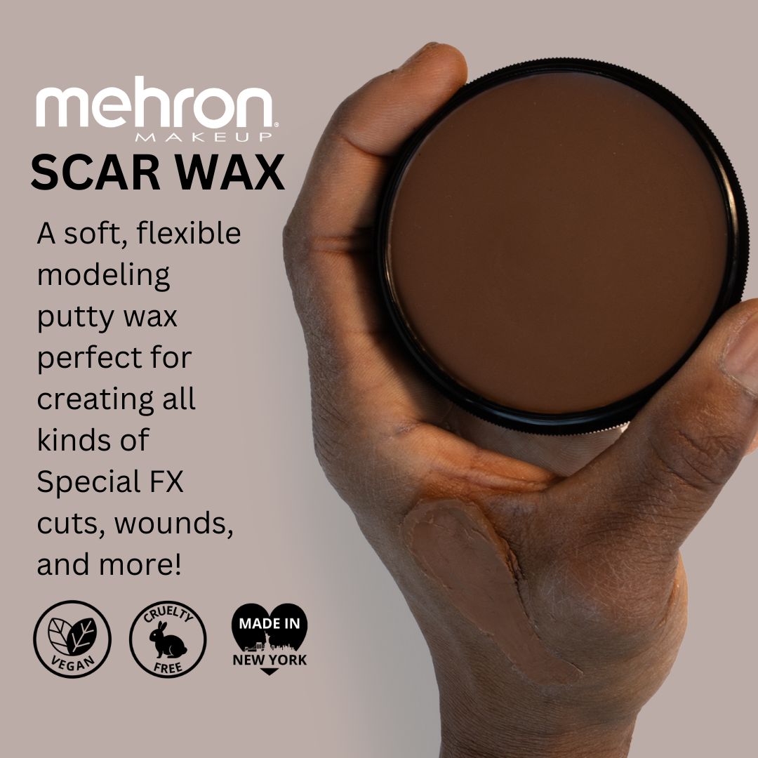 Donkere Scar Wax van Mehron in een potje van 40 gram, ideaal om littekens, snijwonden of huidvervormingen te boetseren voor special effects make-up, verkrijgbaar bij SchminkenGrime.nl