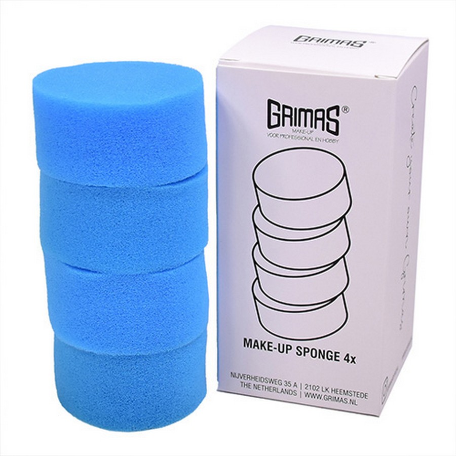 Verpakking met 4 Grimas make-up sponzen voor professionele schminktoepassing, verkrijgbaar bij SchminkenGrime.nl