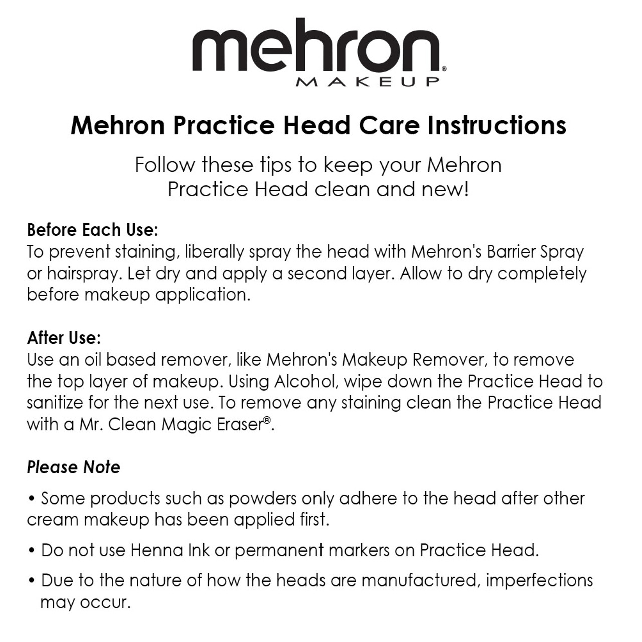 Mehron Practice Head schoonmaaktips – SchminkenGrime.nl Instructies voor het schoonmaken en onderhouden van de Mehron Practice Head