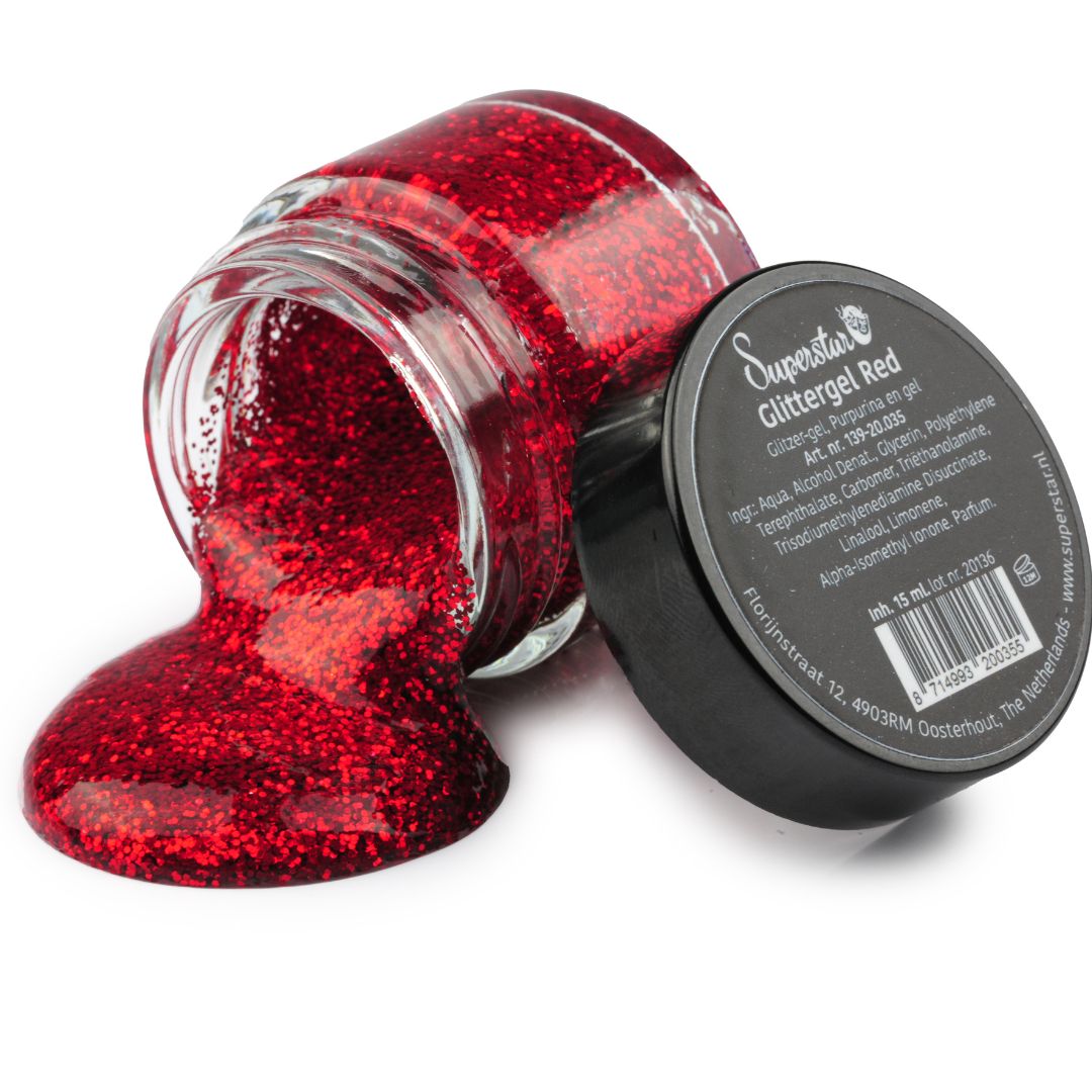Superstar Glittergel Rood 15ml met klassieke rode glitterdeeltjes, verkrijgbaar bij SchminkenGrime.nl