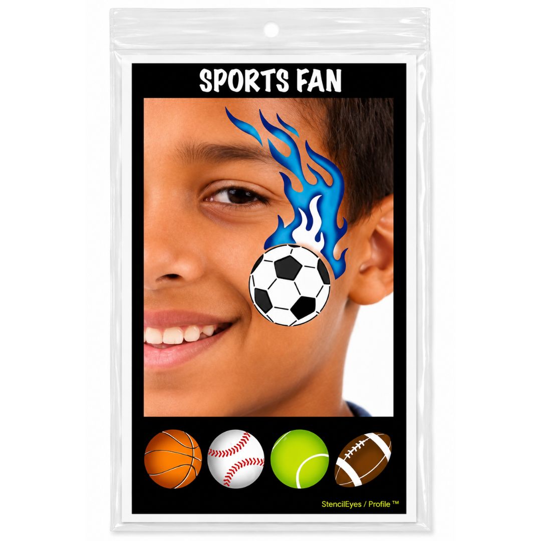 ProAiir Profile Stencil Sports Fan met een coole sportbal, bliksem en ster voor stoere schminkontwerpen, verkrijgbaar bij SchminkenGrime.nl