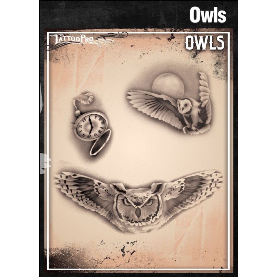 TattooPro Stencil Owls van Wiser, airbrush sjabloon met uilen en maan, verkrijgbaar bij SchminkenGrime.nl